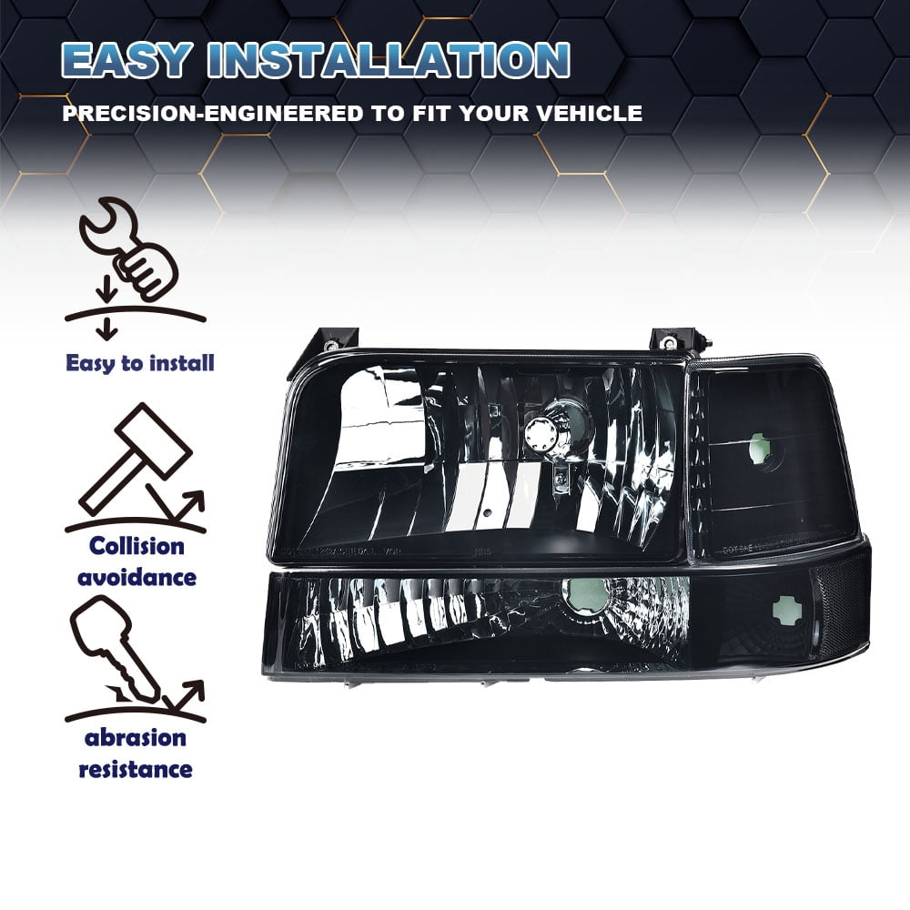 PIT66 Halogen Headlights Smoke Lens Black Housing Clear Reflector, Fit for 92-96 Ford F150/250/350 Bronco