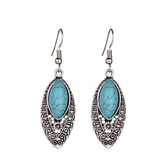 Ruanlalo Bohemian Inlaid Artificial Turquoise Openwork Carved Drop Dangle Hook Earrings Silver