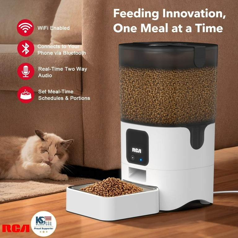 RCA Smart Pet Feeder for Cats Dogs Rabbits WiFi Enabled RCA App Control for Remote Feeding Dishwasher Safe Bowls Google Assistant Alexa