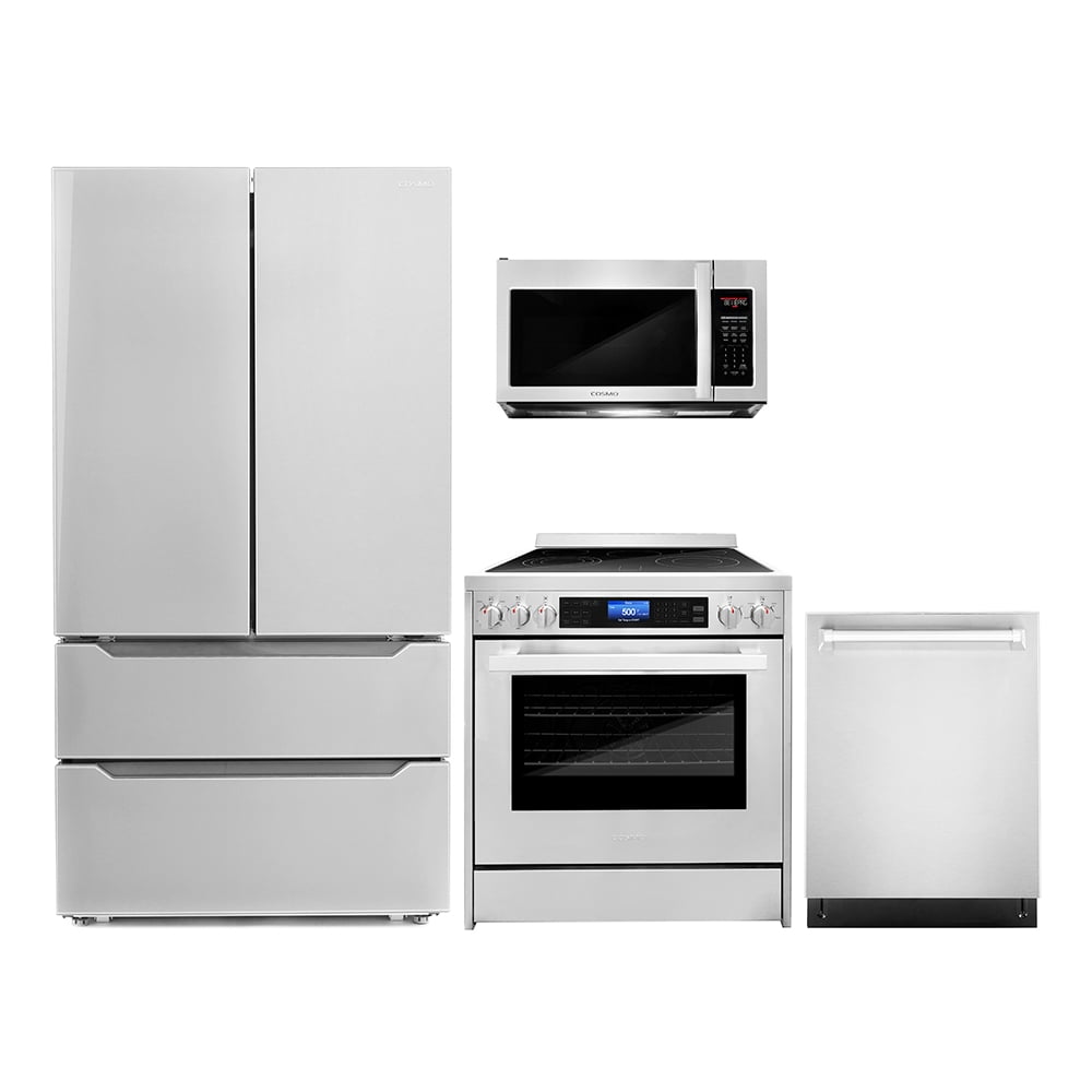 Cosmo 4 Piece Kitchen Appliance Packages with 30" Over The Range Microwave 30" Freestanding Electric Range 24" Built-in Integrated Dishwasher & French Door Refrigerator Kitchen Appliance Bundles