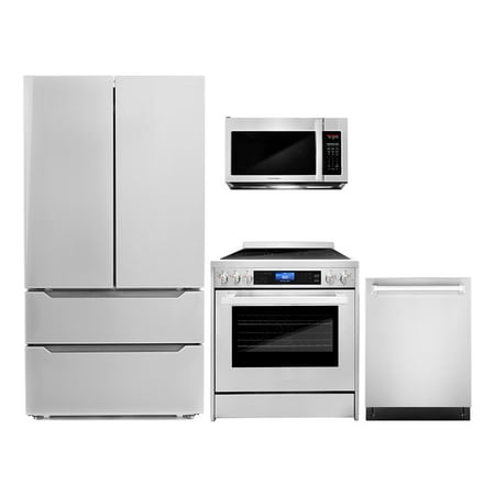 Cosmo 4 Piece Kitchen Appliance Packages with 30  Over The Range Microwave 30  Freestanding Electric Range 24  Built-in Integrated Dishwasher & French Door Refrigerator Kitchen Appliance Bundles