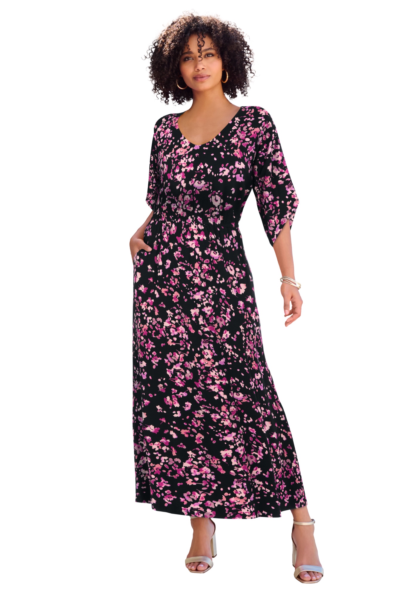 blue fitted dress Crepe Faux Wrap Sheath Dress With Floral Accent Short Sleeves In Cool Water