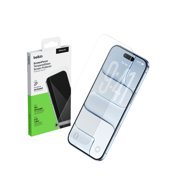 Belkin ScreenForce TemperedGlass Screen Protector for iPhone Air, Scratch-Resistant Impact Protection w/Included Easy Align Tray for Bubble Free Application, Recycled Glass