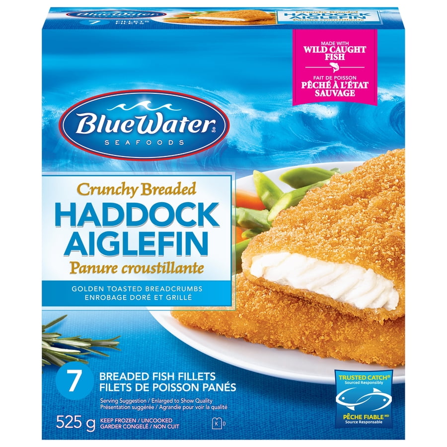 BlueWater Seafoods Crunchy Breaded Haddock, Wild Caught Haddock, Frozen, 7 Count, 525 g, Crunchy breaded haddock fillets
