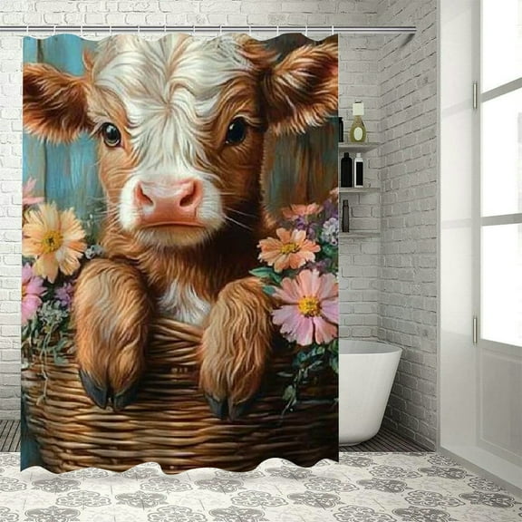 Autua Baby Cow Flowers Shower Curtain Set for Bathroom with Hooks, 100% Polyester Fabric, Waterproof, Vibrant HD Print 36"x72