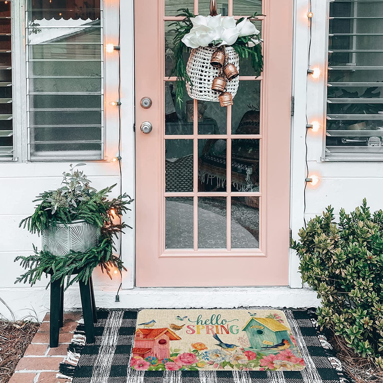 Hello Spring Decor Door Mat Flower Farmhouse Welcome Mats Outdoor Colorful Flowers Doormat Non Slip Rubber Floral Decorative Front Door Mats Indoor Rug 17" x 30"