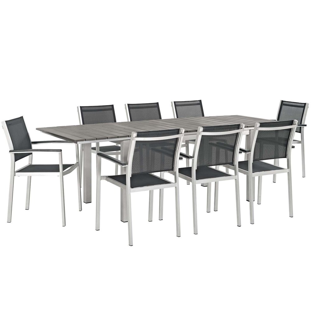 Modway Shore Outdoor Patio 9 Piece Aluminum Dining Set in Silver Black