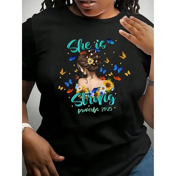 She is Strong Proverbs 31:25 Christian T-Shirt for Women, Floral Butterfly Faith Graphic Inspirational Tee
