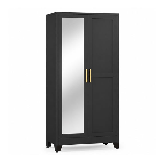 Metal Armoire Wardrobe Closet with 2 Mirror Doors, 71" Wardrobe Cabinet with Adjustable Shelves and Hanging Rod, Clothing Storage Cabinet Closet with Mirror for Bedroom-Black