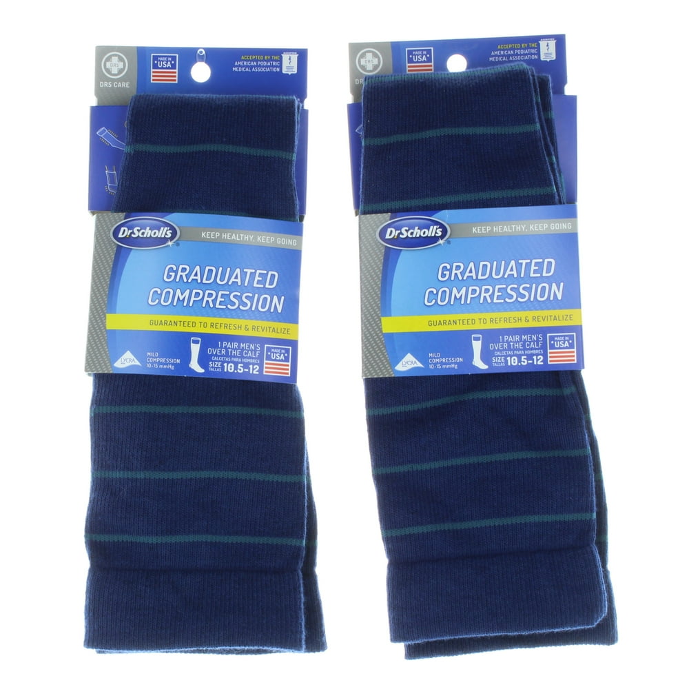 2 Dr. Scholl's Men Graduated Compression Socks Over Calf Blue Stripe Sz
