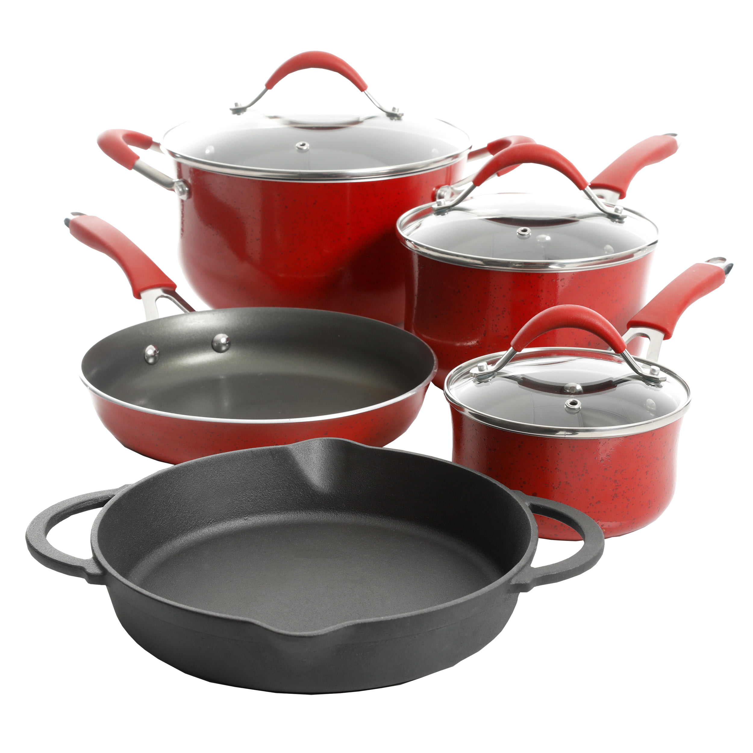 The Pioneer Woman Frontier Speckle Nonstick Cookware Set w/Floral Baker  10pc Red