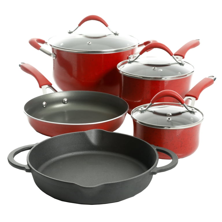 11-Piece Nonstick Porcelain Enamel Red Cookware Set, Heavy-Gauge