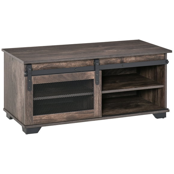 HOMCOM Farmhouse Coffee Table with Storage, Center Table with Mesh Barn Door and Adjustable Shelf, Living Room Table, Dark Brown