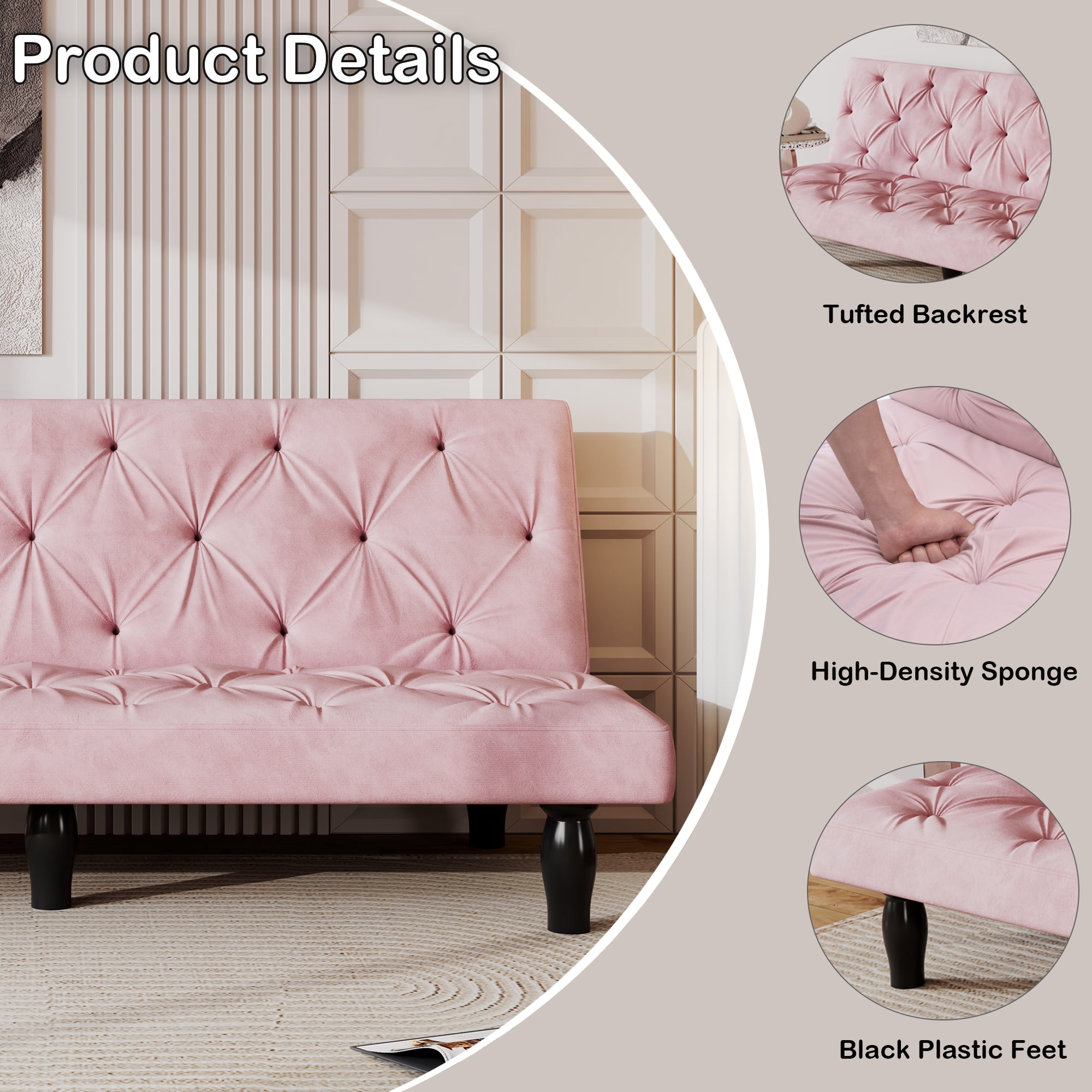 Euroco Velvet Convertible Sofa Bed with Tufted Backrest and Adjustable Positions – Modern Sleeper Couch for Living Room, Apartment, or Bedroom
