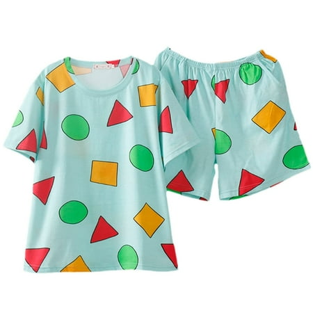 

ZUARFY Women Summer 2pcs Pajamas Set Short Sleeve Crew Neck Pullover Sleepwear Colorful Geometry Pattern Loose Lounge Homewear