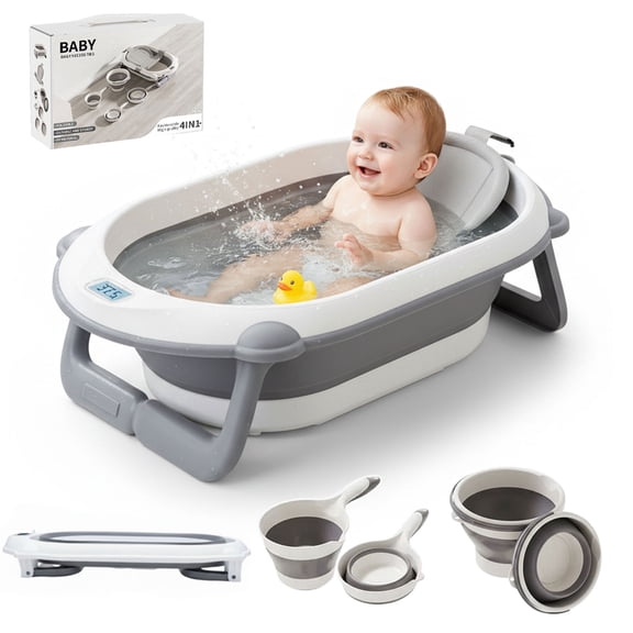 Oioane Collapsible Baby Bathtub with Soft Cushion & Thermometer, Portable Non-Slip Bath Tub for Newborn Infant Toddler, Gray