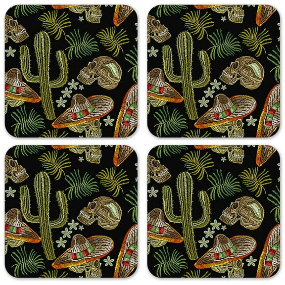Vinyl Drink Coasters - Set of 4 - Skulls & Cactus Toss II