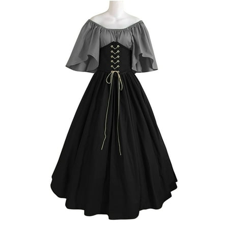 Mrasaso Weekly Deals Court Dress Women s Round Neck Dress Flare Sleeve Off Shoulder Medieval Vintage Dresses Corset Patchwork Ball GownGray 4XL