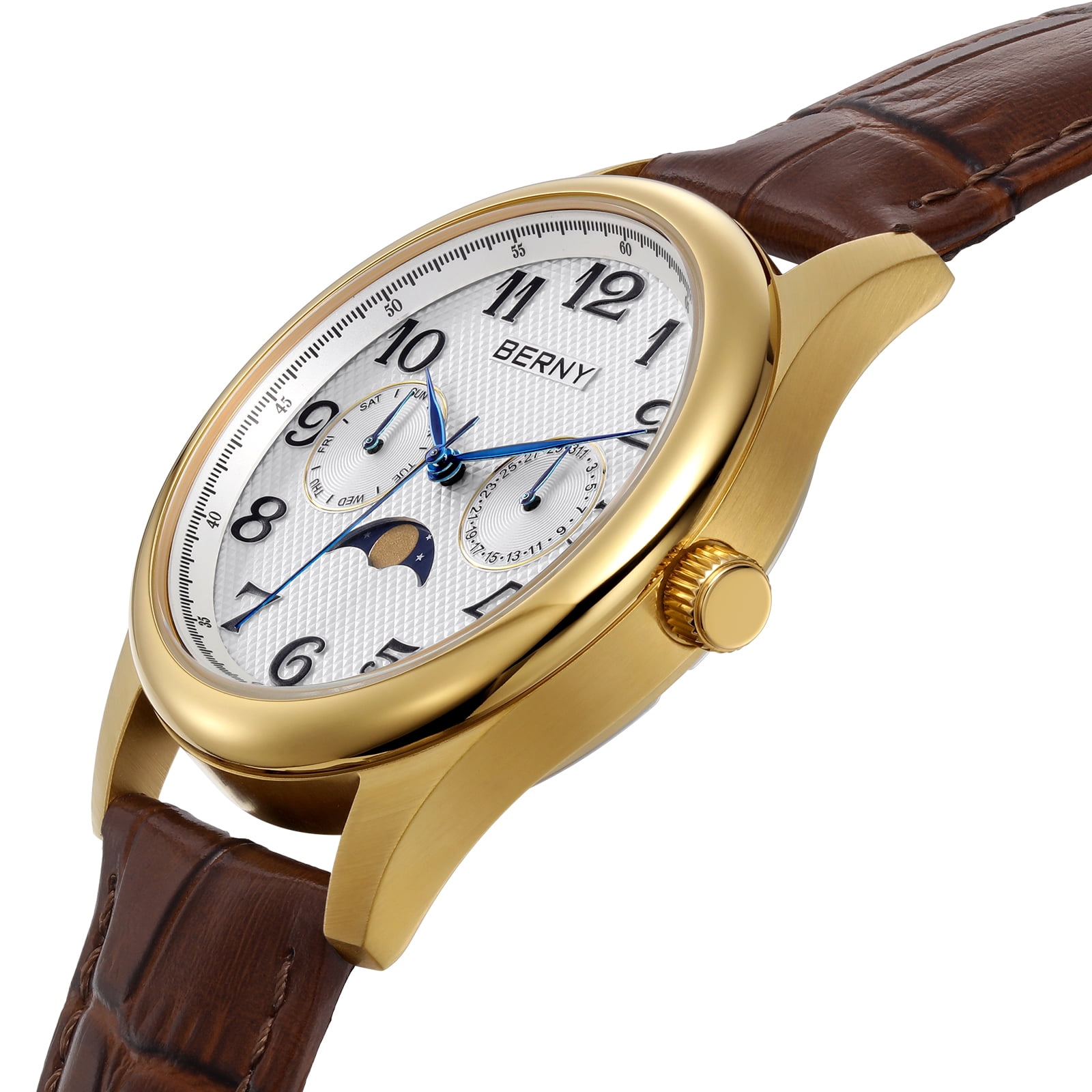 BERNY Dress Watches for Men, MultiFunction Leather Watch with Moon Phase, Day & Date Calendar, Stainless Steel Case, Easy to Read, Waterproof, Classic Analog Quartz Wrist Watch (Gold)