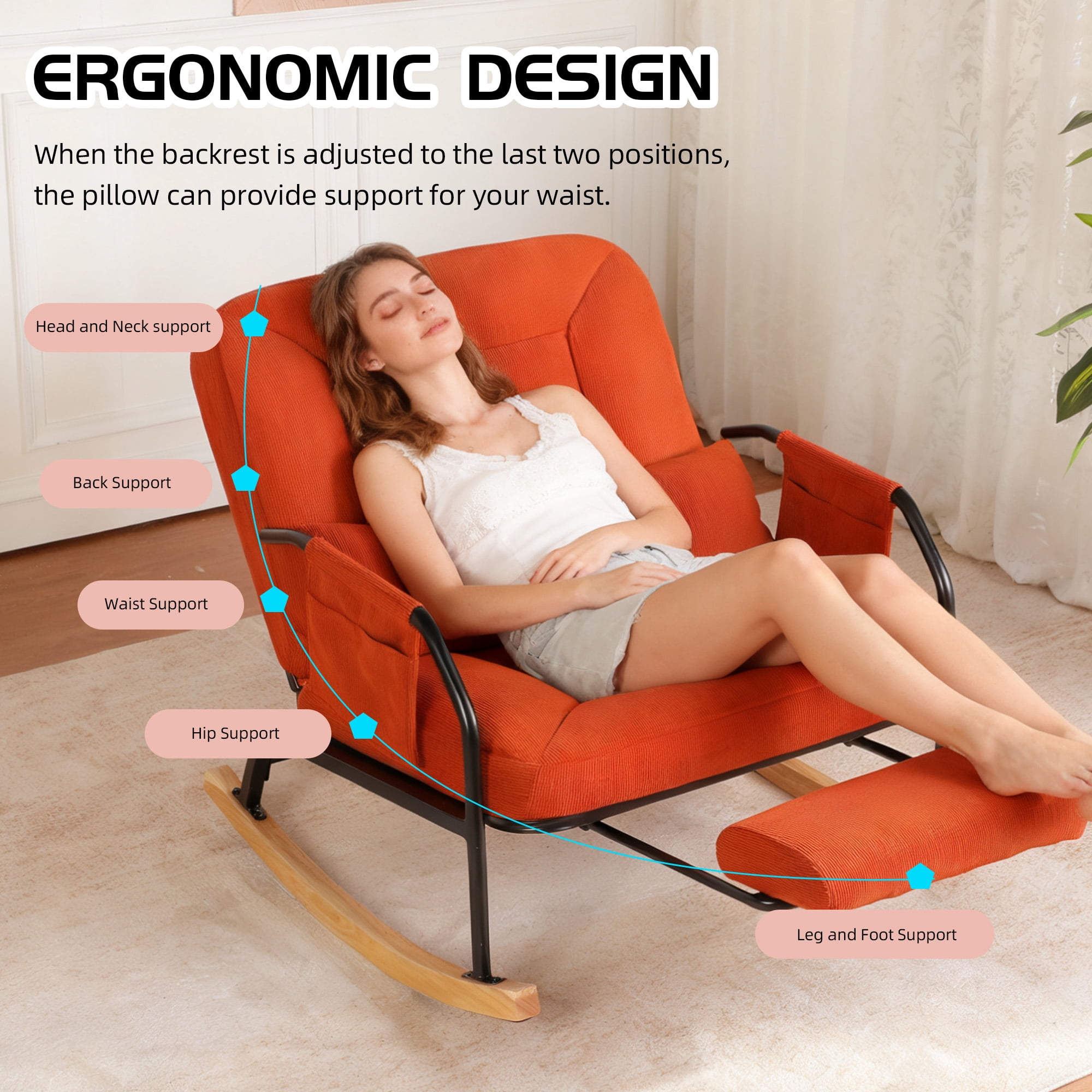 Hforesty Oversized Rocking Chair with Footrest ,Rocker Glider with Metal Farm,Wooden Bottom and Adjustable Backrest for Indoor Use: Balcony, Living Room or Bedroom.(corduroy)BROWN