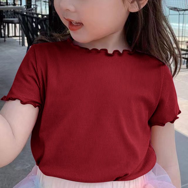 AherBiu T-Shirts Filles Manches Courtes à Volants Hauts en Coton Doux Col Rond Décontracté Couleur Unie 1-9 Ans