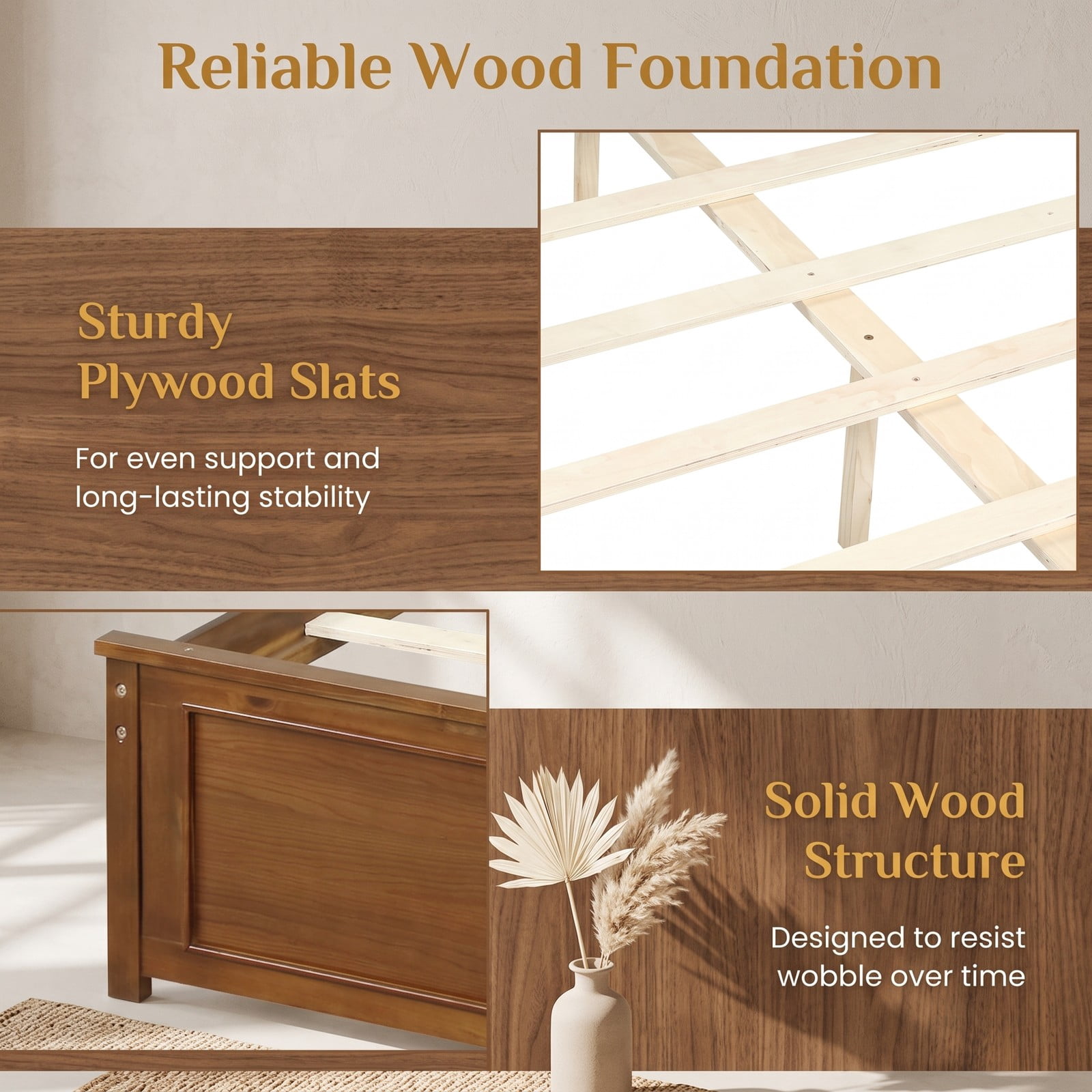 Furnibear Full Size Bed Frame Wood Platform Bed Frame with Raised Panel Headboard and Footboard and Slat Support, Walnut
