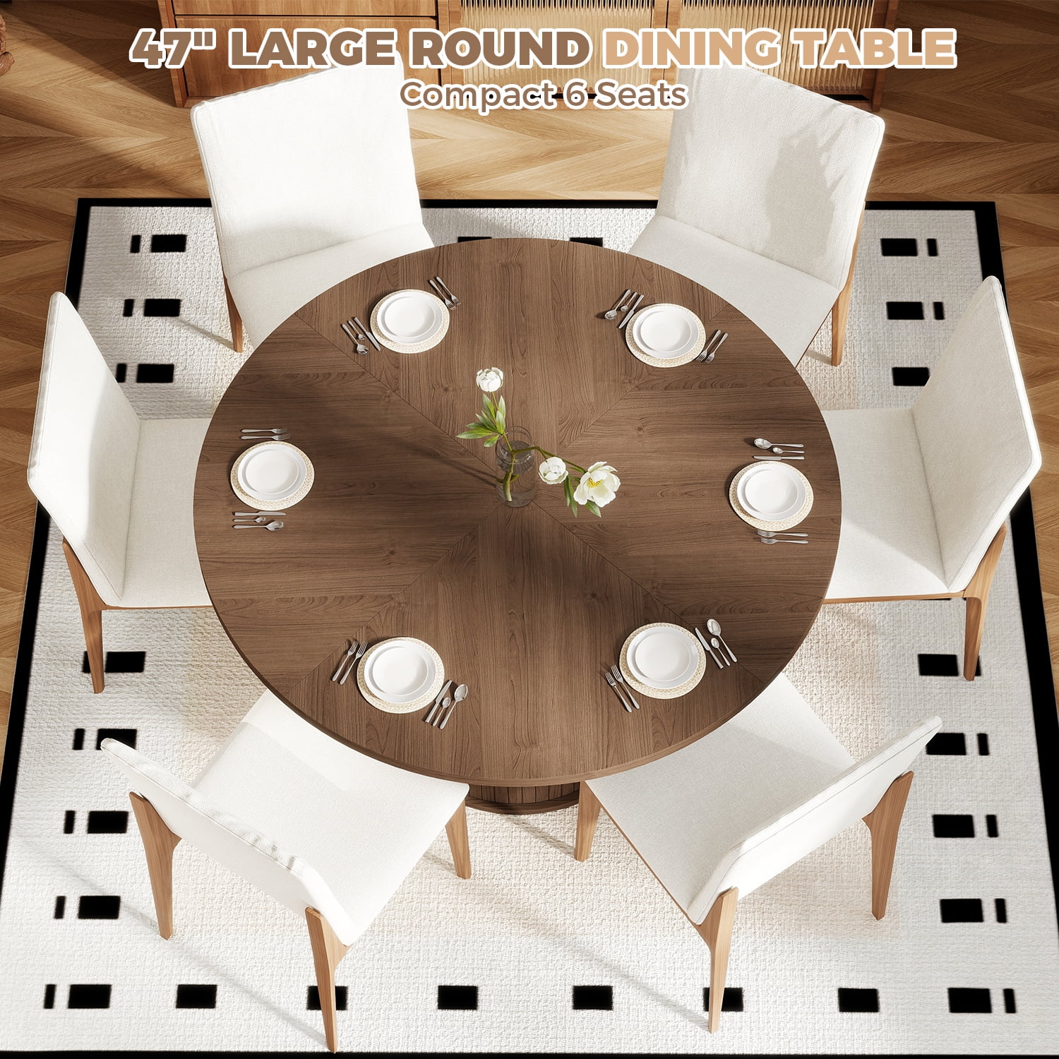 BaPiPro 47-Inch Large Round Dining Table for 4 Person, Modern Farmhouse Kitchen Table with Hidden Storage for Dining Room, Rustic Brown