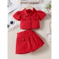 thumbnail image 2 of Suealasg Kids Girls Outfits Contrast Color Solid Color Short Sleeve Button Shirt and Shorts Skirt Set 1T 2T 3T 4T 5T 6T Little Girls 2 Piece Summer Clothes Set, 2 of 9