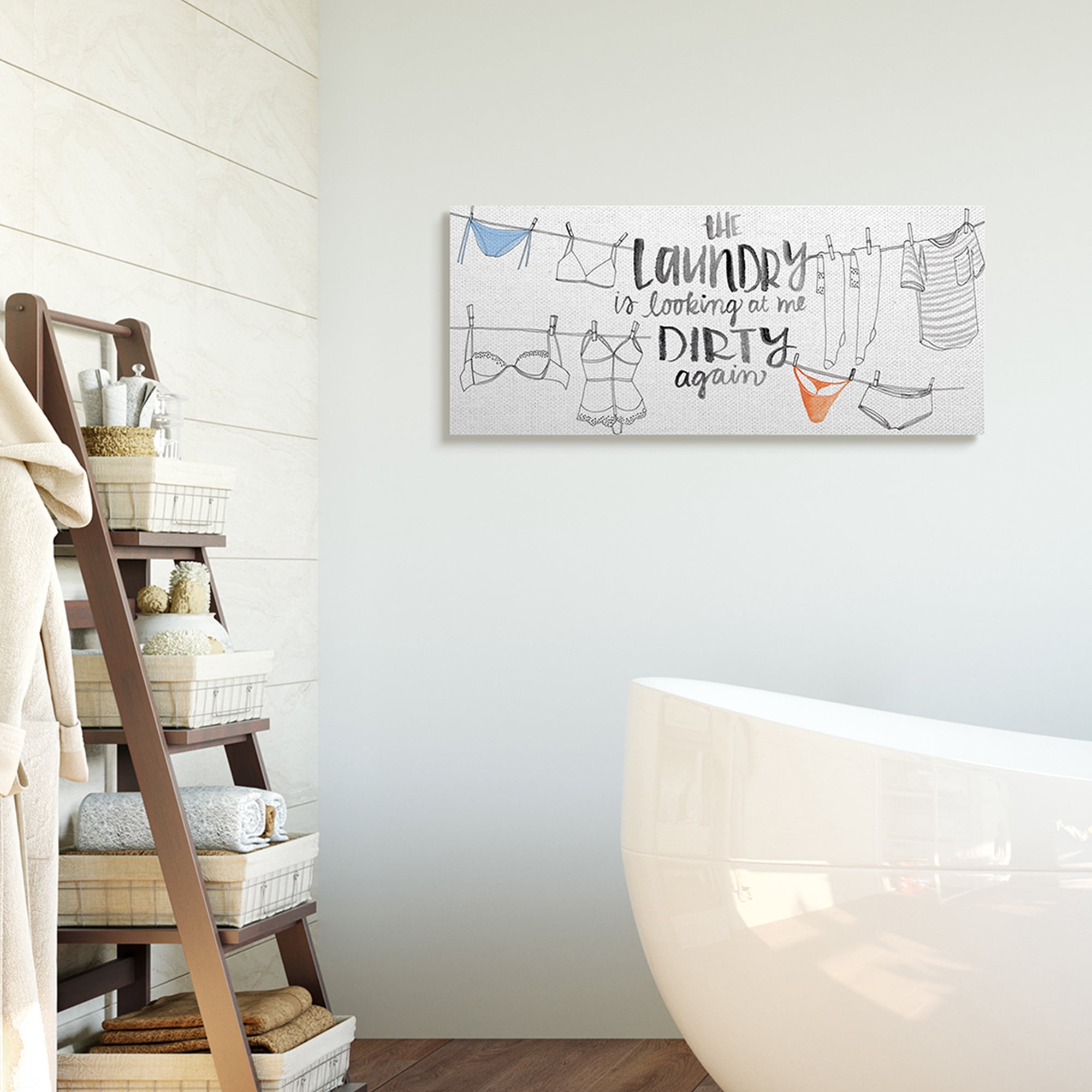 Stupell Industries Laundry Looking at Me Dirty Phrase Vintage Clothesline Humor Typography Painting Gallery Wrapped Canvas Art Print Wall Art, 13 x 30