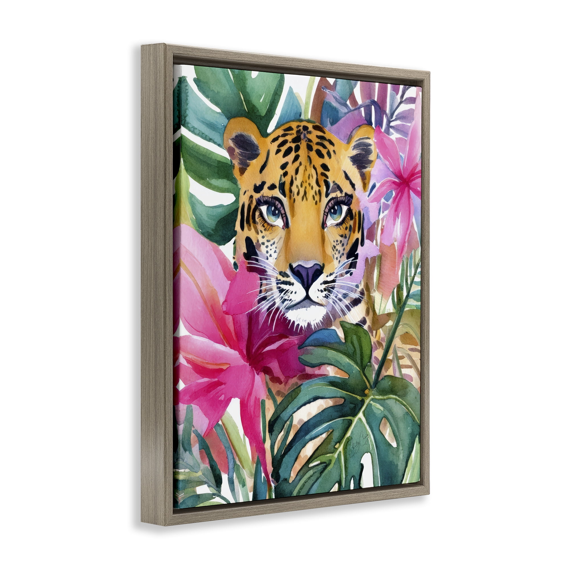 Stupell Industries Tropical Tiger Peeking Brown Framed Floater Canvas Wall Art, design by Shelly Craig