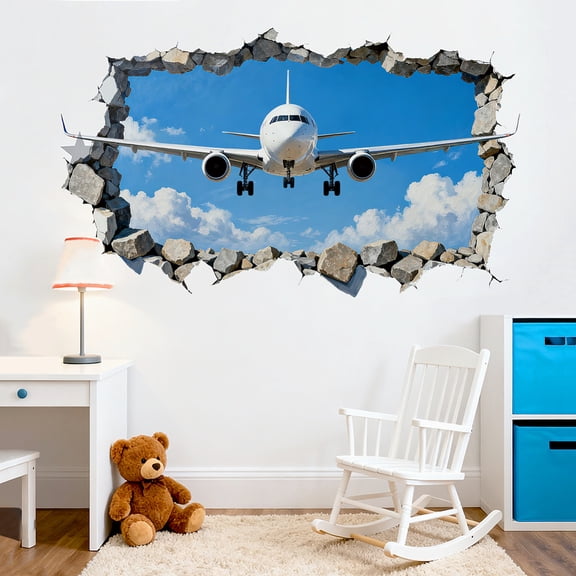 3D Breaking Airplane Wall Stickers Decals Decor Removable Peel and Stick 2 Sheets 11.8"x 37.8" Vinyl Wall Murals DIY