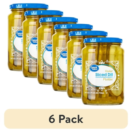 (6 pack) Great Value Kosher Sliced Dill Pickles Fresh Pack, 24 fl oz Jar