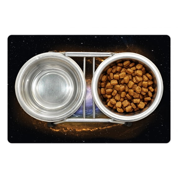 Galaxy Pet Mat for Food and Water, Nebula Cloud with Cosmic Rays Galactic Sparks Exploring Celestial Bodies Space Art, Non-Slip Rubber Mat for Dogs and Cats, 18" X 12", by Ambesonne