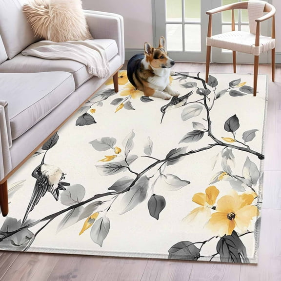 Yellow Grey Spring Floral Area Rug 3x5 Washable Rug Non Slip Summer Botanical Birds Large Area Rug Indoor Floor Carpet for Entryway Bedroom Kitchen Living Room Home Office Dining Room Nursery