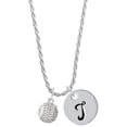 thumbnail image 1 of Delight Jewelry Silvertone Small Sparkle Clear AB Softball Silvertone Script Initial Disc - T - Charm Necklace, 20"+3", 1 of 4