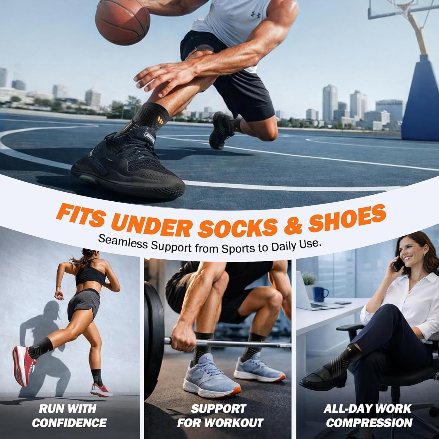 WHCOOL Ankle Brace Compression Sleeve for Men & Women,Adjustable Support with Figure-8 Stability Straps,Pair,L,Black
