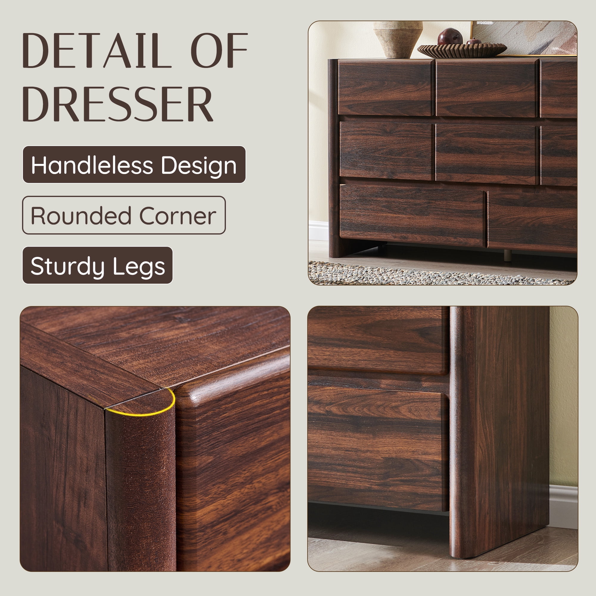 wow97e Modern 8 Drawers Dresser for Bedroom, 55" Wide Wood Chest of Drawers w/Rounded Corner & Handless Design for Living Room, Brown