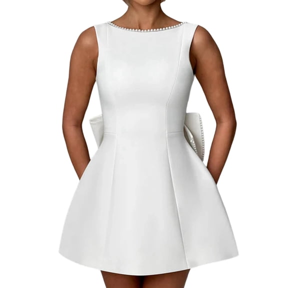 Women'S Summer Strapless A-Line Sleeveless Mini Dress Off the Shoulder Backless Cute Pearl Dress White S