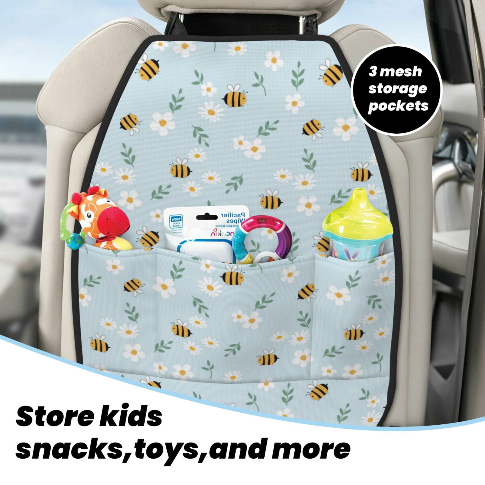 Kdxio Bee Flower Print 2 Pack Car Kick Mat Seat Cover Back Protector Mat with Pockets for Organizer Backseat Protector and Storage Anti Kick Pad for Vehicles