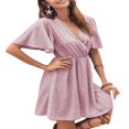 thumbnail image 3 of Femmes Casual Mousseline Mini Robe Manches Courtes Point Imprimé V Cou Taille Haute une Robe de Ligne d'Été Robe de Plage, 3 of 6
