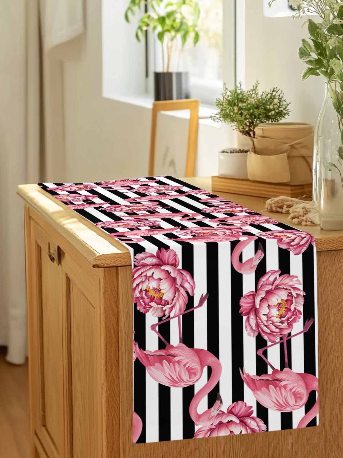 Tropical Pink Flamingo Flower Table Runner 90 Inches Long, White Black Modern Stripe Table Runners Tabletop Scarf Kitchen Dining Tables Decoration for Home Party Indoor Outdoor