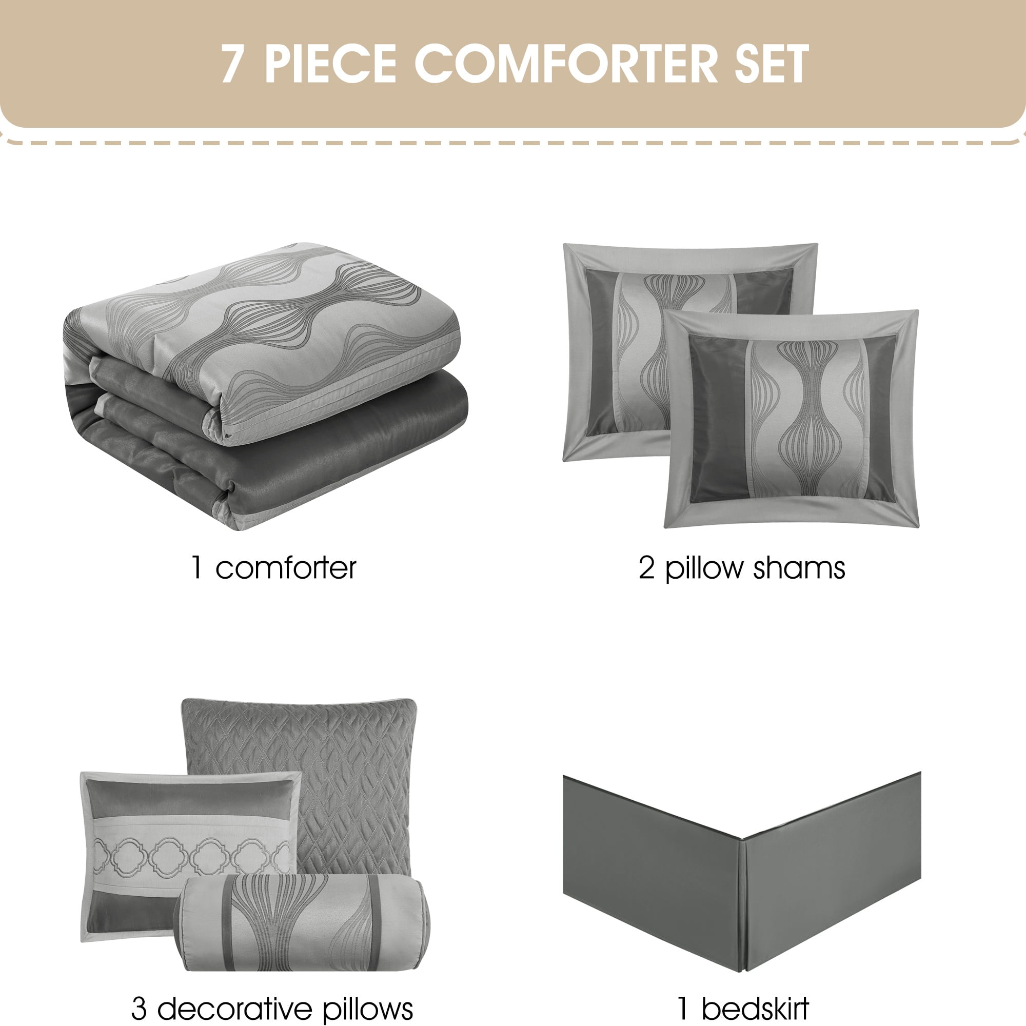 Kath 7 Piece Comforter Set, California King, Grey