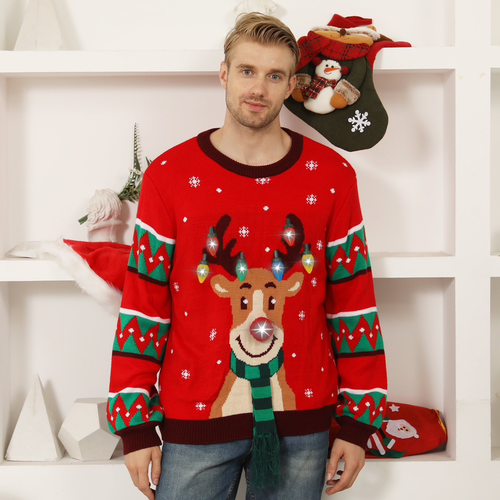 Ugly Christmas Sweater for Women Men,Light up Christmas Sweater,Funny Unisex Reindeer Xmas Ugly Sweaters for Couples - image 2 of 6