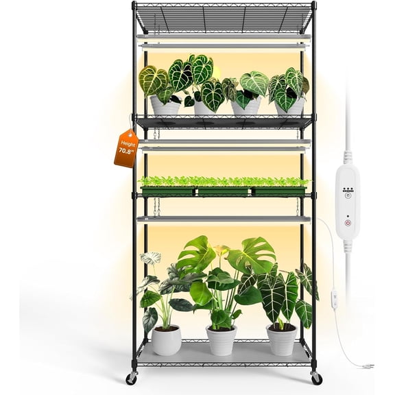 Plant Shelf with Grow Light with Timer, Tall Plant Stand with Adjustable Rack and Wheels, 6 Pack T5 3FT Full Spectrum Grow Lights for Indoor Plants, Seed Starting, Seed Tray, 35.4"x13.8"x70.8"