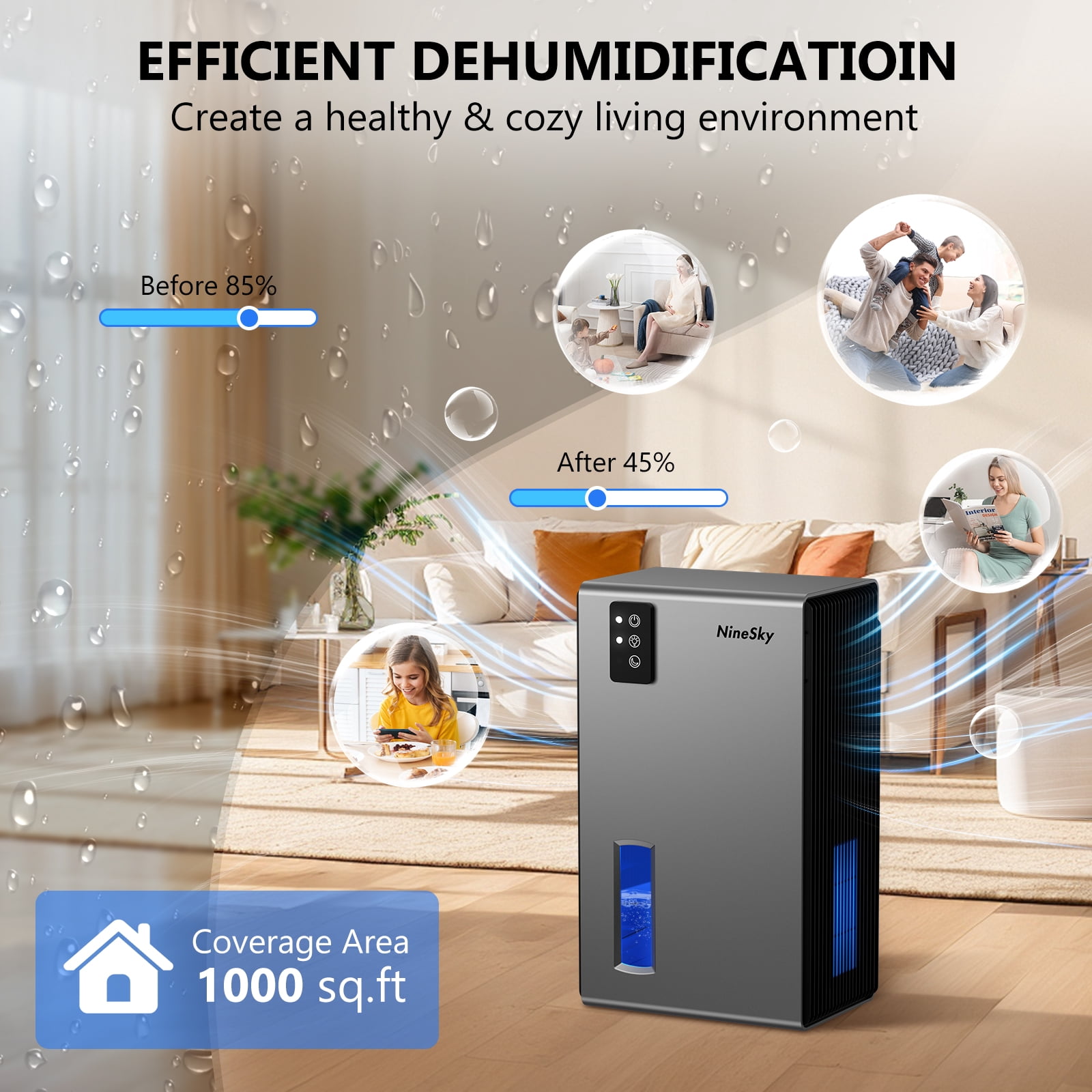 Aumpkin Dehumidifier for Home, 95 OZ Water Tank, (1000 sq.ft) Dehumidifiers for Bathroom Bedroom Basement with Auto Shut Off,7 Colors LED Light (Gray)