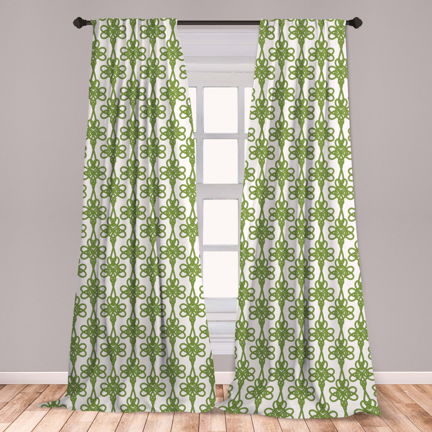 Irish Curtains 2 Panels Set, Entangled Clover Leaves Twigs Celtic