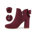 thumbnail image 2 of BLISSFUL STEP Women's Boots Faux Suede Bow Decor Chunky High Heel Round Toe Side Zipper Booties Burgundy 8, 2 of 8