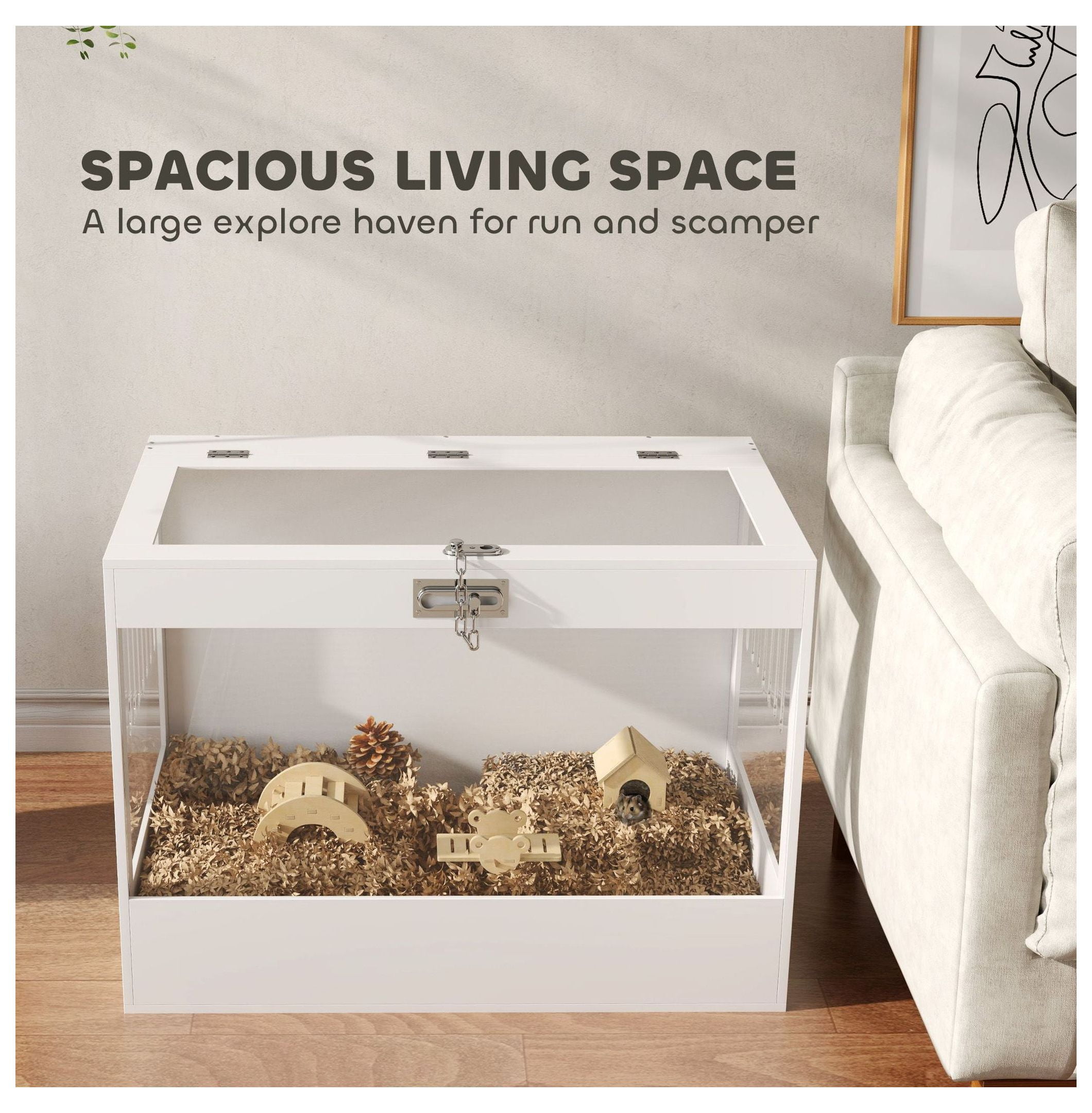 Hamster Cage with Openable Top & Lock, Hut, Transparent Acrylic Panels, Accessories, for Dwarf Hamster Gerbil, White