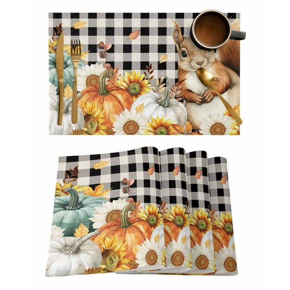 Placemats Set of 1 Fall Squirrel Pumpkin Sunflower Leaf Buffalo Plaid Thanksgiving Heat Insulation Washable Place Mats, Rustic Non-Slip Table Mats for Dining Table Party Kitchen Decor,13x19 Inch