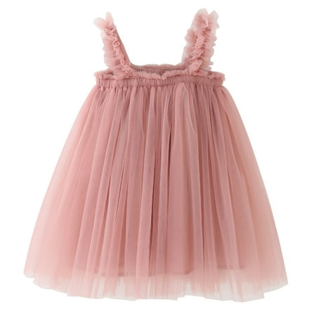 

Toddler Girls Summer Solid Color Cotton Strap Mesh One-Piece Dress F6734